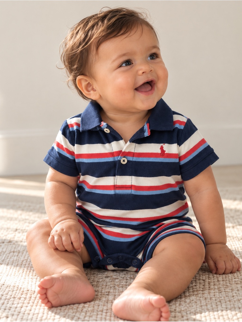 Ralph Lauren Baby Boys Striped Polo Romper 9M Navy Red Blue Cotton One Piece